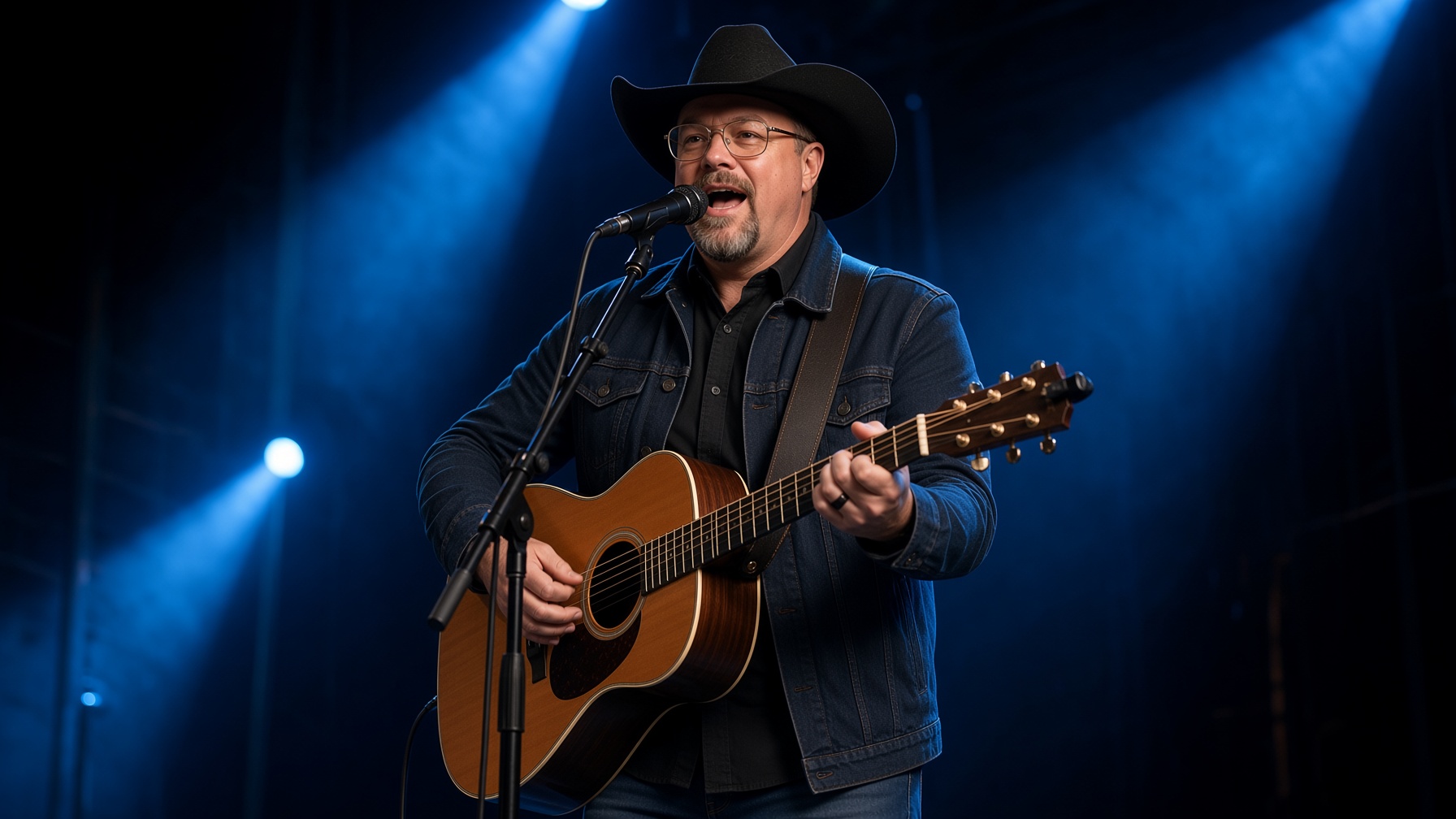Chad Sanders singing at a microphone with acoustic guitar, blue stage lighting